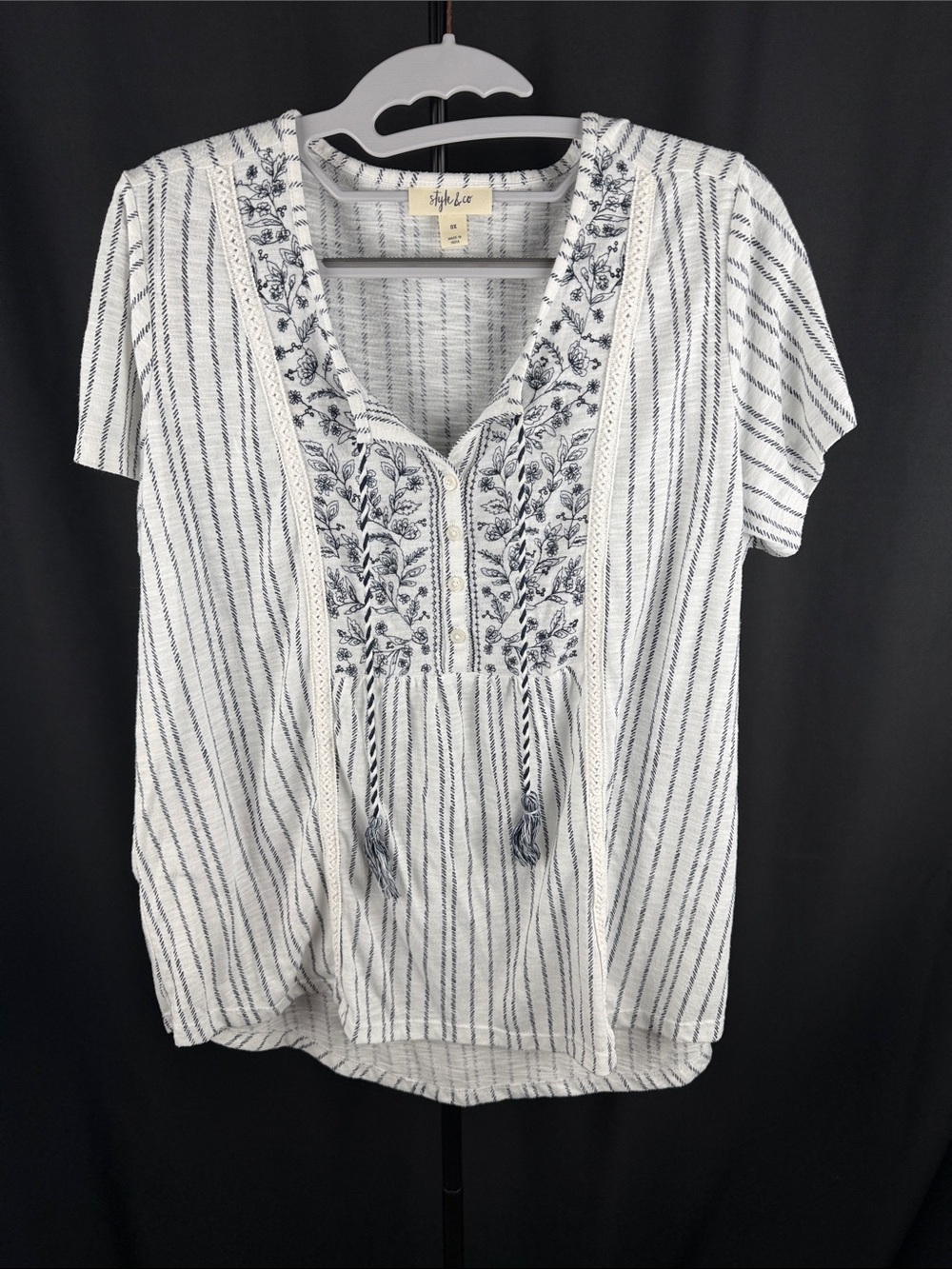 Style & Co. White and Black Striped Embroidered V-Neck Peasant Top